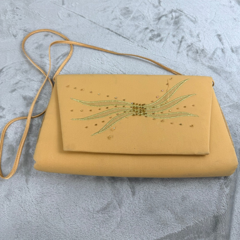 VINTAGE Milano Yellow Beaded Evening Clutch Bag‎ Crossbody Gold Embroidery